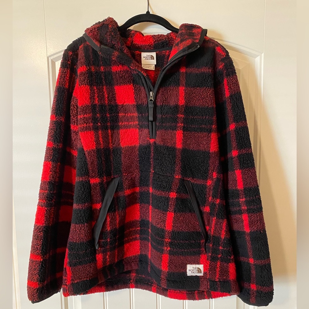 North Face Fleece with Hood, Red and Black, Medium
